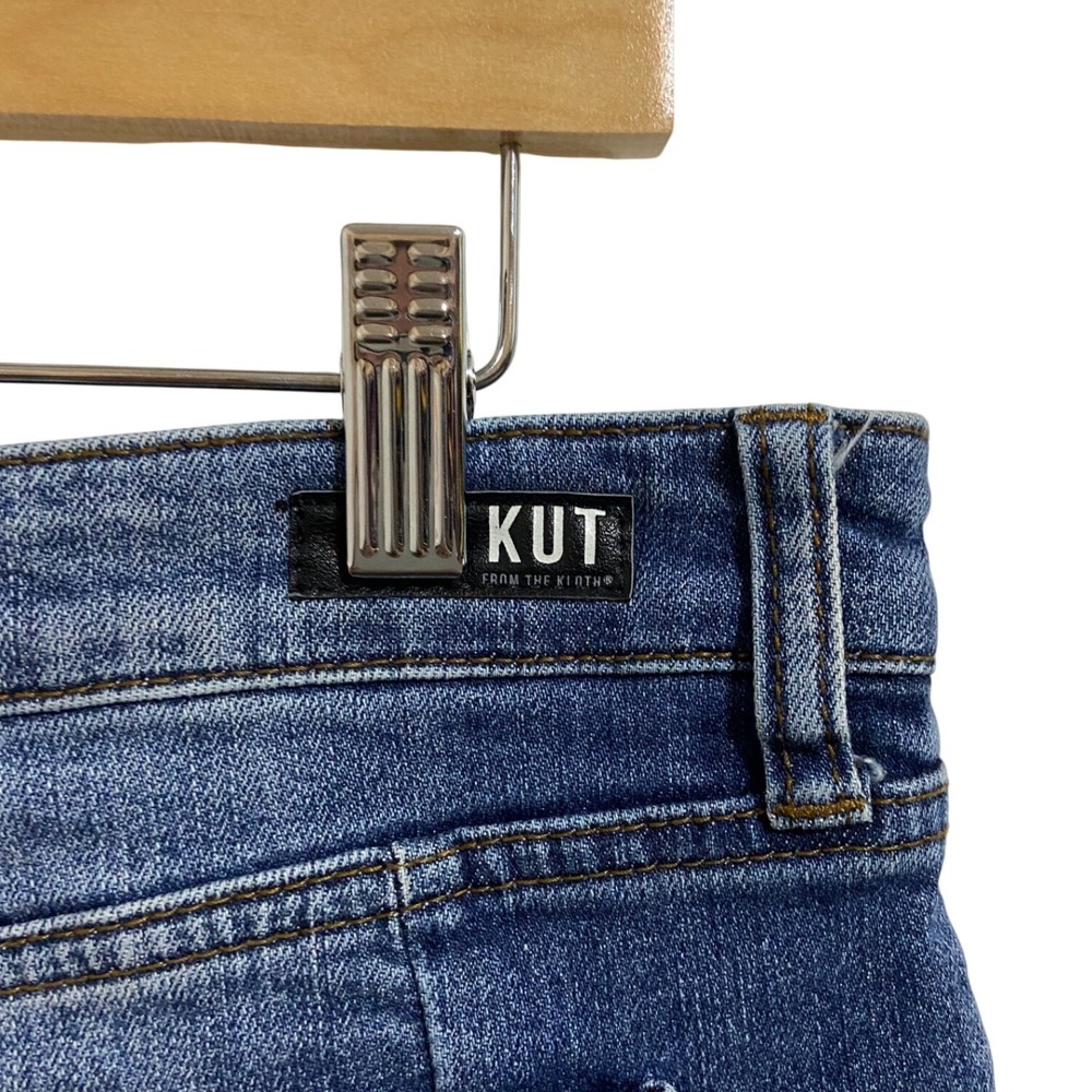 KUT from the Kloth Connie Denim Skirt Medium Wash Raw Hem Size 8 Distressed Slit - Picture 11 of 13